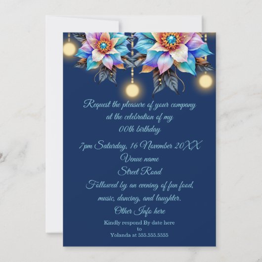 エキゾチック誕生日パーティーティール（緑がかった色）ピンクブルーパープルフローラ 招待状 (裏面)