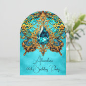 エキゾチック誕生日パーティーティール(緑がかった色)ブルー金ゴールドジュエル 招待状 (スタンド正面)