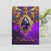 エキゾチック誕生日パープルブルー金ゴールドジュエルバタフライ 招待状 (スタンド正面)