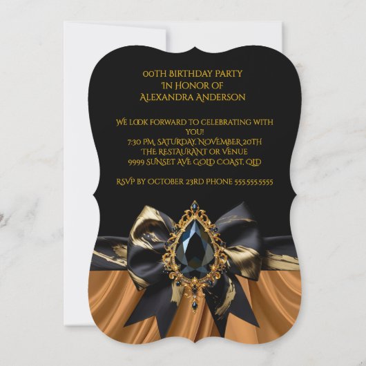 エキゾチック誕生日ブラックブラウンコーヒー金ゴールドジェムボウ 招待状 (裏面)