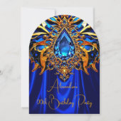 エキゾチック誕生日ブルーオレンジ金ゴールドジュエルバタフライ 招待状 (正面)