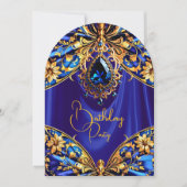 エキゾチック誕生日ブルー金ゴールドジュエルバタフライ 招待状 (正面)