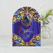 エキゾチック誕生日ブルー金ゴールドジュエルバタフライ 招待状 (スタンド正面)