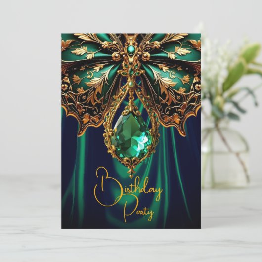 エキゾチック誕生日リッチグリーン金ゴールドジュエルバタフライ 招待状 (スタンド正面)