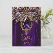 エキゾチック誕生日リッチパープル金ゴールドジュエルバタフライ 招待状 (スタンド正面)