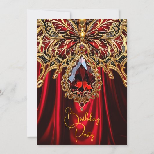 エキゾチック誕生日リッチレッド金ゴールドジュエルバタフライ 招待状 (正面)