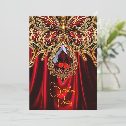 エキゾチック誕生日リッチレッド金ゴールドジュエルバタフライ 招待状 (スタンド正面)