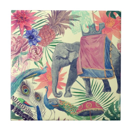 エキゾチック象クジャクかわいらし タイル (正面)