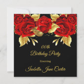 エキゾチック赤ローズブラックフローラゴールデンバースデーパーティー 招待状 (正面)