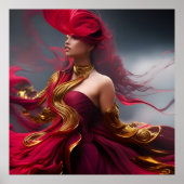 エキゾチック赤毛女性が赤い金ゴールド抽象芸術を流れる ポスター (正面)