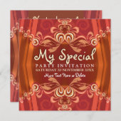 エキゾチック赤+金ゴールドガールズブードワールパーティの招待状 招待状 (正面/裏面)