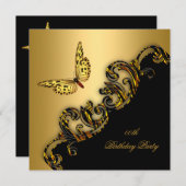 エキゾチック金ゴールドブラックバタフライバースデーパーティー 招待状 (正面/裏面)