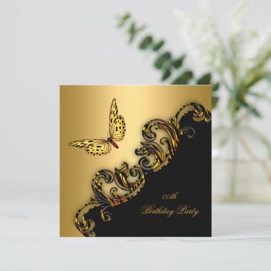 エキゾチック金ゴールドブラックバタフライバースデーパーティー 招待状 (スタンド正面)