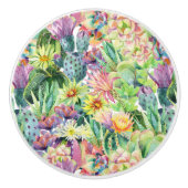 エキゾチック開花水色のサボテン模様 セラミックノブ (正面)