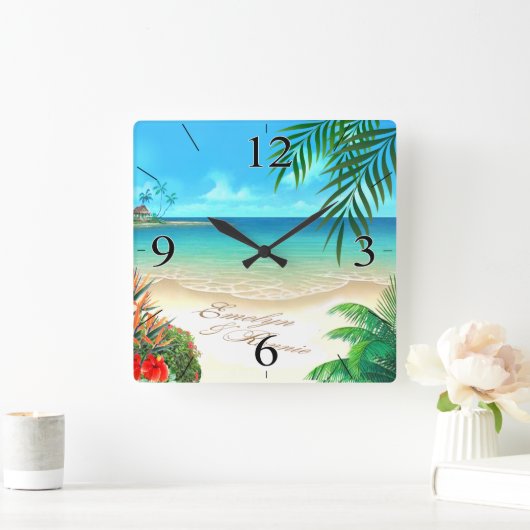 エキゾチック頼なビーチ私は砂にあなたの名前を描画する スクエア壁時計 (ホーム)