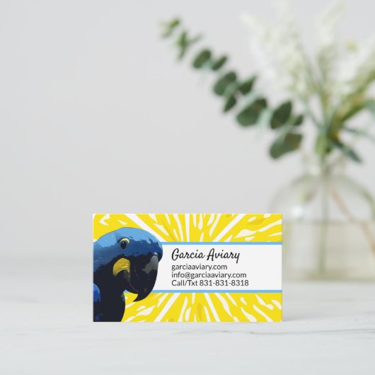 エキゾチック鳥飼育者オウムAviary Hyacinth Macaw 名刺 (スタンド正面)