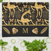 エキゾチック黒金ゴールドキラフェボホモノグラム キッチンタオル (折り畳み)