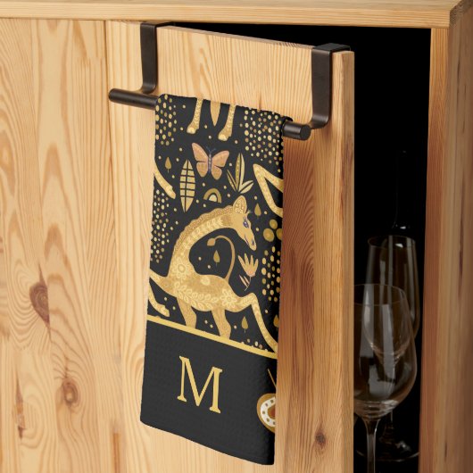 エキゾチック黒金ゴールドキラフェボホモノグラム キッチンタオル (三つ折り)