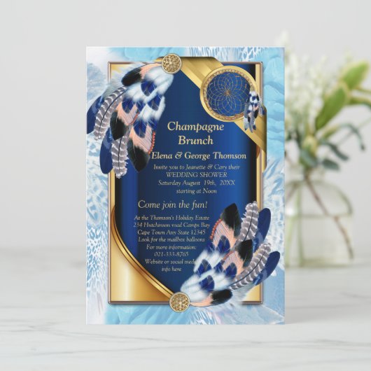 エキゾチック – オウムの青いトーンの羽カップルのシャワー 招待状 (スタンド正面)