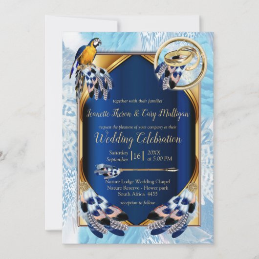 エキゾチック – オウムの青いトーンの羽結婚の数 招待状 (正面)