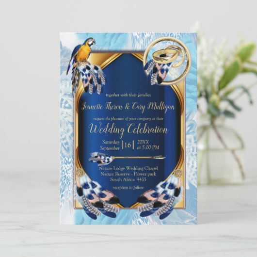 エキゾチック – オウムの青いトーンの羽結婚の数 招待状 (スタンド正面)