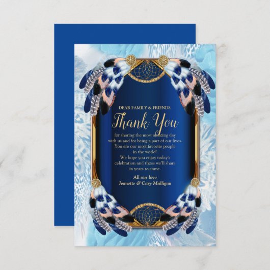 エキゾチック – オウム青いトーンの羽のサンキューカード 出欠カード (正面/裏面)