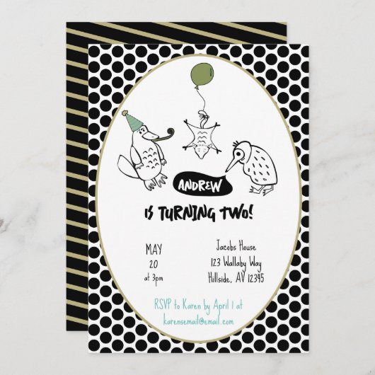 エキゾチック・オーストラリア動物子供の誕生日 招待状 (正面/裏面)