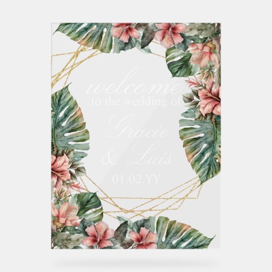 エキゾチックMonstera植物性花模様金ゴールド アクリルサイン (正面)