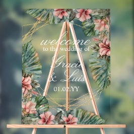 エキゾチックMonstera植物性花模様金ゴールド アクリルサイン