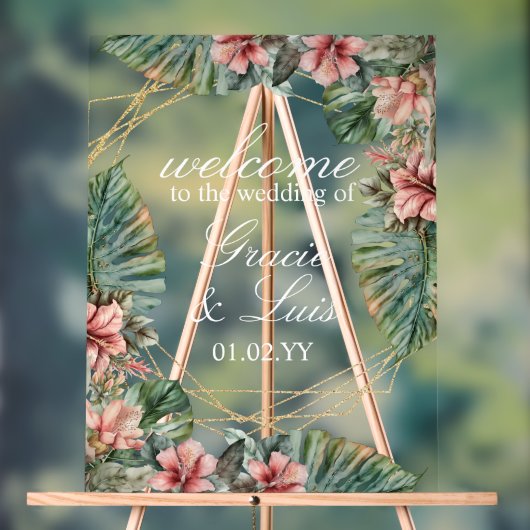 エキゾチックMonstera植物性花模様金ゴールド アクリルサイン (ニュートラル)