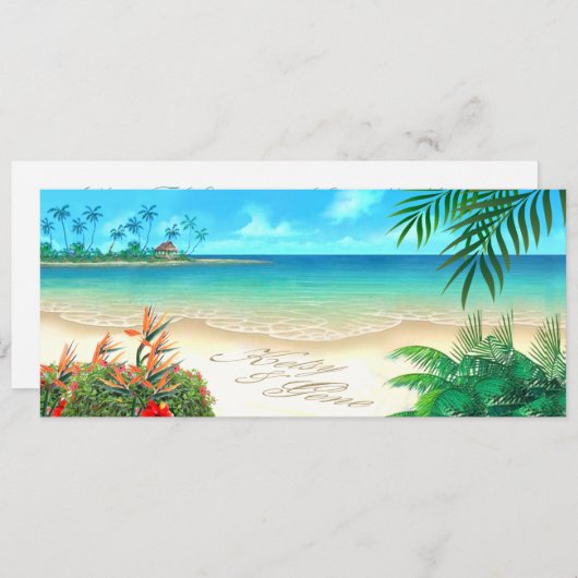 エキゾチ頼ックビーチ砂に名前を書く私 招待状 (正面/裏面)