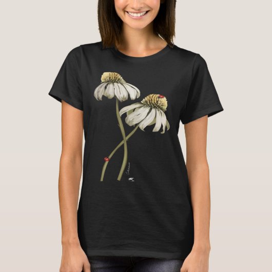 エキナセア花の赤いラディバードイラストレーション Tシャツ (正面)