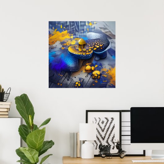 エギーモダンブルーの黄色のメタリックマッシュルームポップ・アートのアート ポスター (ホームオフィス)