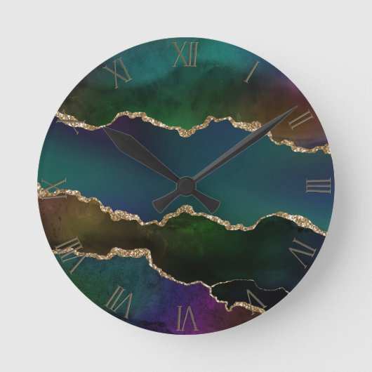 エギー・アゲート |ダークムーディージュジェルトーン神秘的なティール（緑がかった色） ラウンド壁時計 (正面)