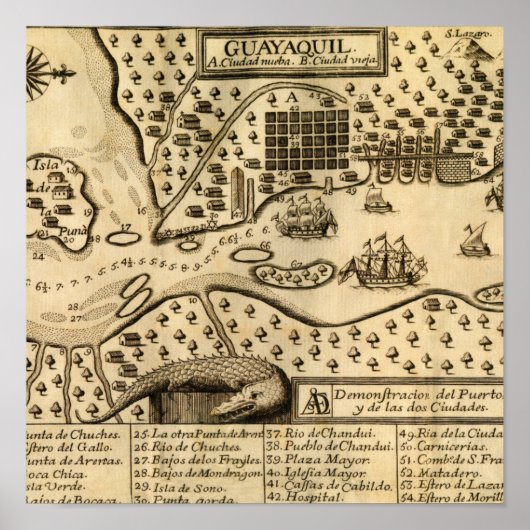 エクアドルのグアヤキルの地図(1741) ポスター (正面)