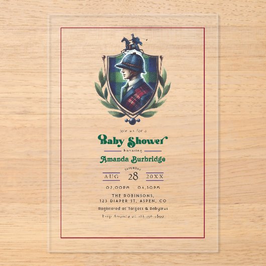 エクエストリアンポロクレストラグジュアリー名門私立校風のベビーシャワー アクリル招待状 (正面)