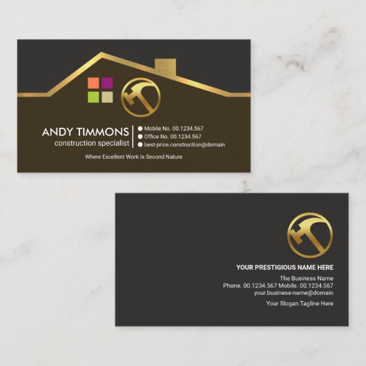 エクサイト金ゴールドルーフトップモチーフハンディマン建築 名刺 (正面/裏面)