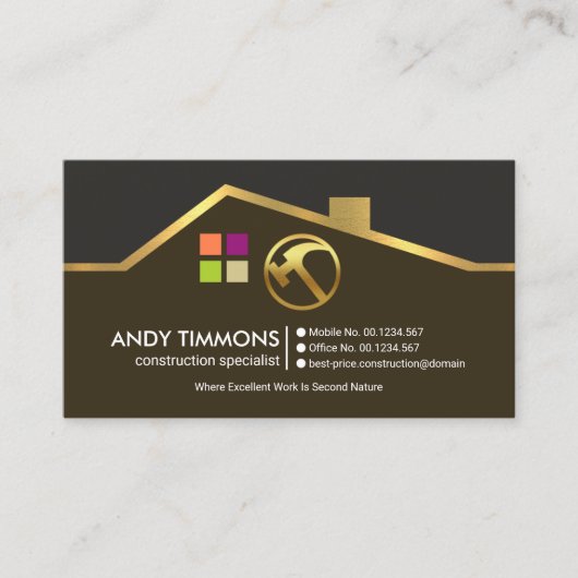 エクサイト金ゴールドルーフトップモチーフハンディマン建築 名刺 (正面)