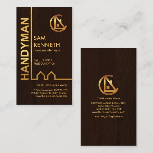 エクサイト金ゴールド建物ウッドグレンハンディマン 名刺 (正面/裏面)