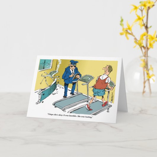 エクササイズの間の漫画のトレッドミルの事故 カード (黄色い花)