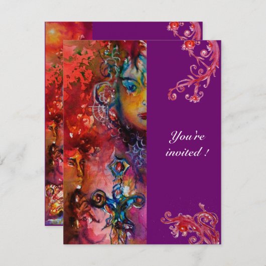 エクスカリバー明るい赤い紫の明るい赤紫色青い白 招待状 (正面/裏面)