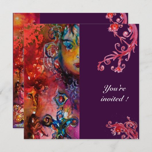 エクスカリバー明るい赤い紫の明るい赤紫色青い黄色 招待状 (正面/裏面)