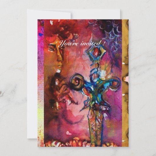 エクスカリバー1、真っ赤、ピンク紫のパーチメント 招待状 (正面)