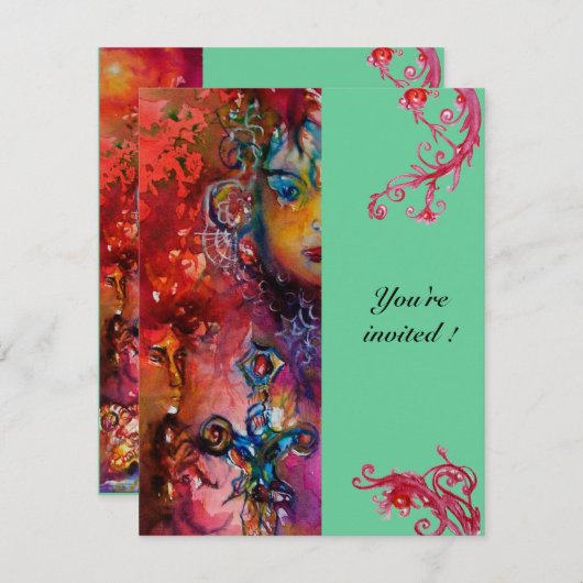 エクスカリバー、真っ赤、ピンク 青 緑 招待状 (正面/裏面)