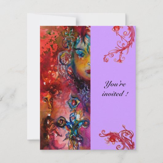 エクスカリバー、鮮やかな赤、紫 招待状 (正面)