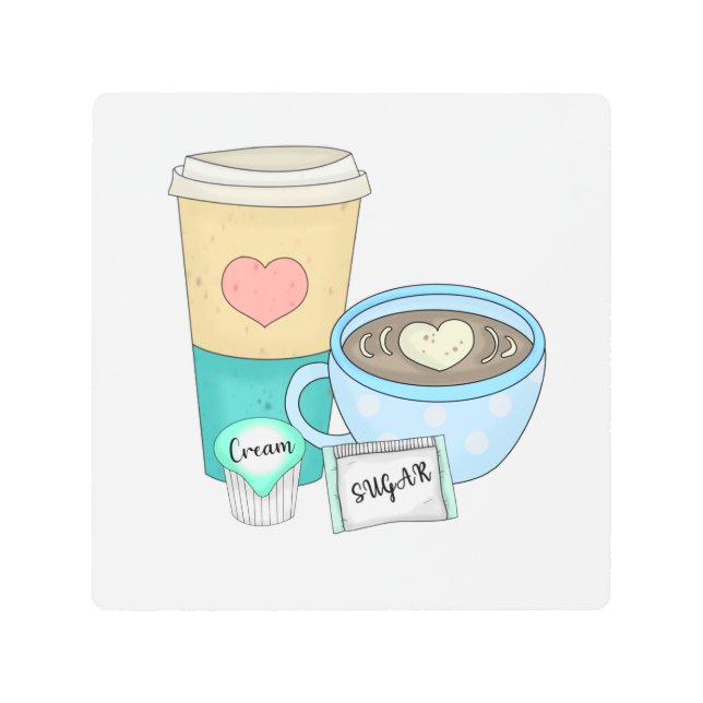 エクスプレッソ、コーヒー、砂糖、クリームの手描きアート メタルプリント (正面)