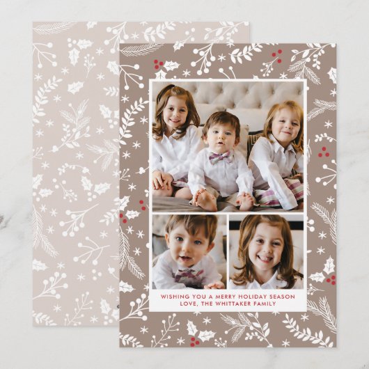 エクリュのウィンター ベリー クリスマス ホリデー フラット カード (正面/裏面)