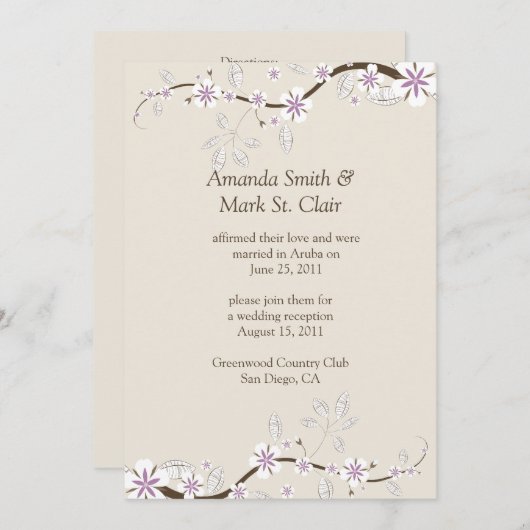 エクリュ背景に白とラベンダーの花を添えた結婚式後 招待状 (正面/裏面)