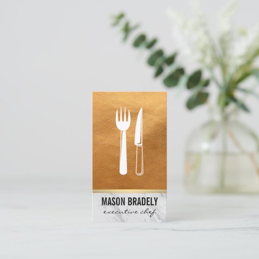 エグゼクティブシェフ金ゴールドレザーマーブルトリム 名刺 (スタンド正面)