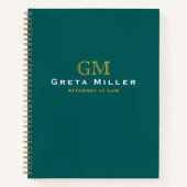 エグゼクティブビジネスダークティール（緑がかった色）金ゴールドモノグラム ノートブック (正面)